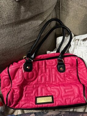 Betsey Johnson Hot Pink Quilted Logo Shoulder Bag with Black Handles